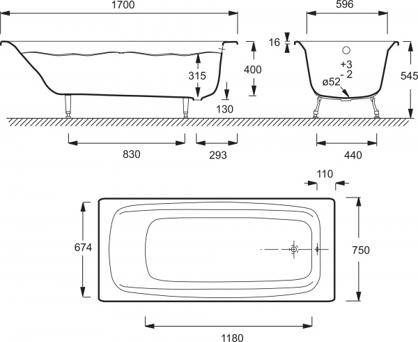 �������� ����� Jacob Delafon Diapason E2937-S-00 170x75, ��� ����� + ����� � ����-�������