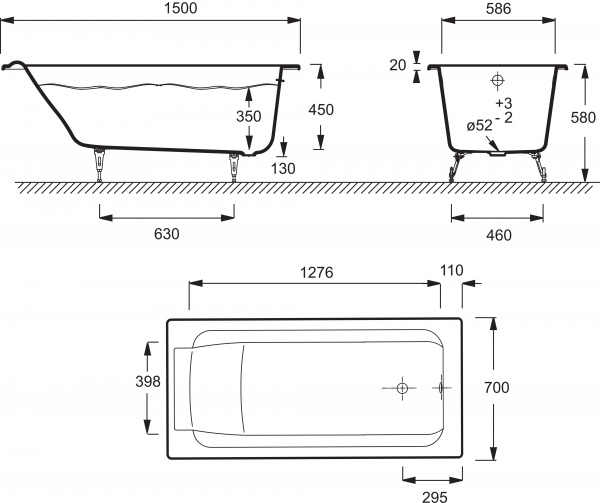 �������� ����� Jacob Delafon Parallel 150x70, ��� ����� + ����� � ����-�������