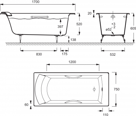 �������� ����� Jacob Delafon Biove 170x75, � ������� + ����� � ����-�������