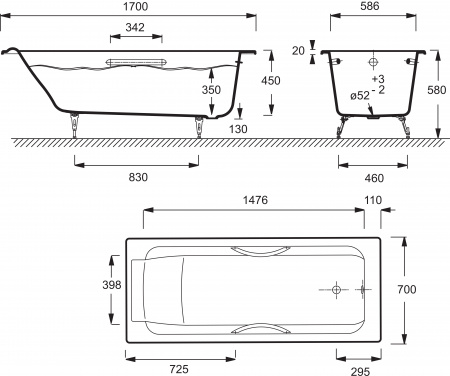 �������� ����� Jacob Delafon Parallel 170x70, � ������� + ����� � ����-�������
