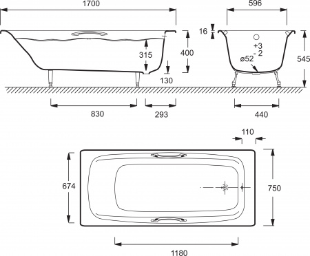 �������� ����� Jacob Delafon Diapason 170x75, � ������� + ����� � ����-�������