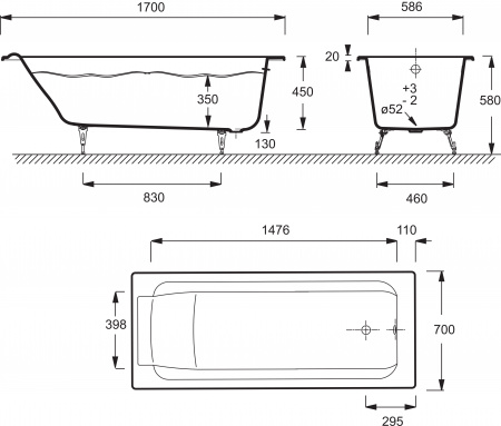 �������� ����� Jacob Delafon Parallel E2947-S-00 170x70, ��� ����� + ����� � ����-�������