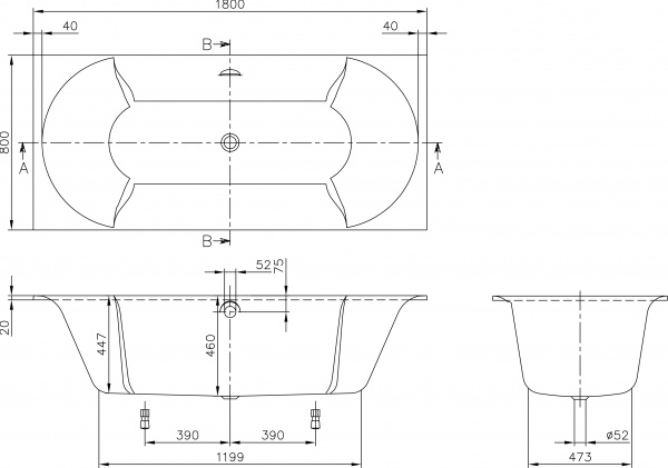 ��������� ����� Villeroy & Boch Pavia UBQ180PAV2V-01 180x80, ���������� �����