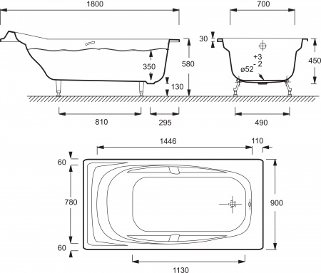 �������� ����� Jacob Delafon Super Repos 180x90, � ������� + ����� � ����-�������