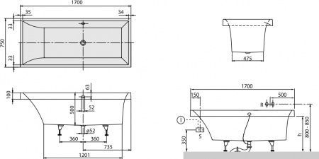 ��������� ����� Villeroy & Boch Squaro UBQ170SQR2V-01 170x75, ���������� �����